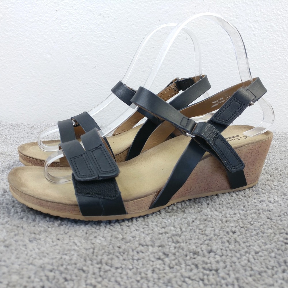 Clarks Alto Wedge Sandals Womens Size 7 Black Leather Slingback Comfort Shoes